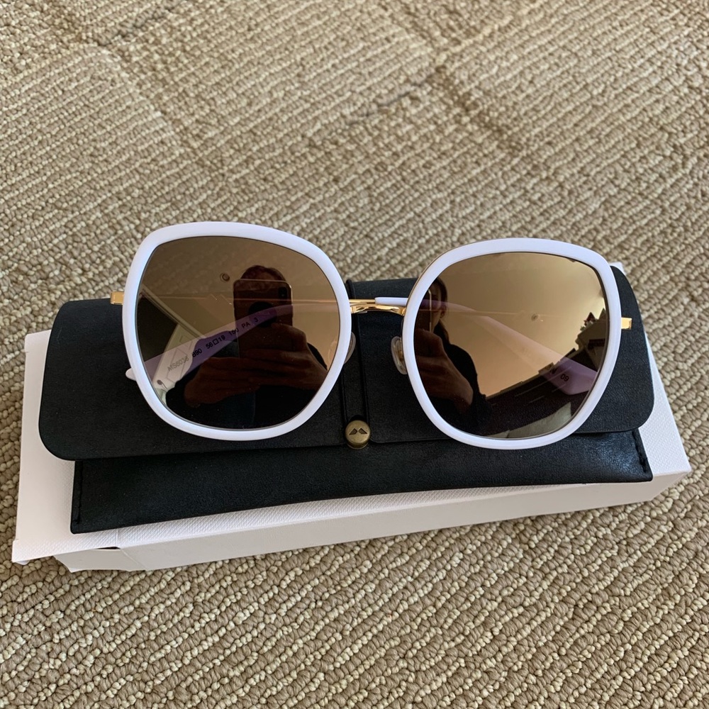 Oversized square sunglasses white trim gold frame
